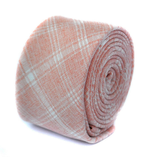 skinny peach orange and white check linen tie